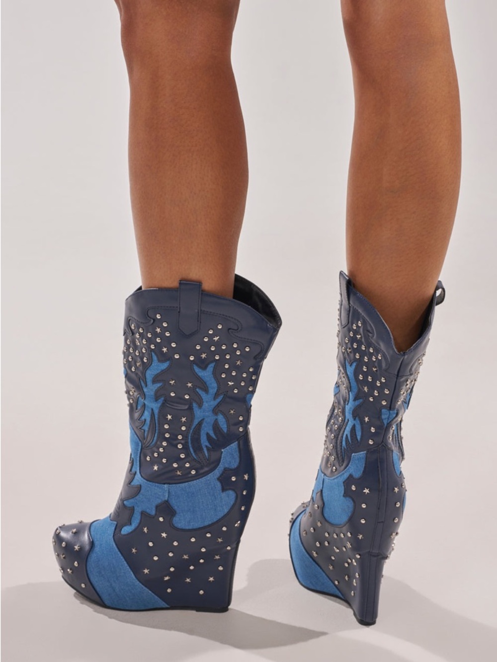 Women's Studded Navy Two-Tone Western Wedge Boots